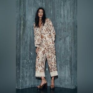 NWOT Zara Cream and Brown Printed Wide-Leg Pants